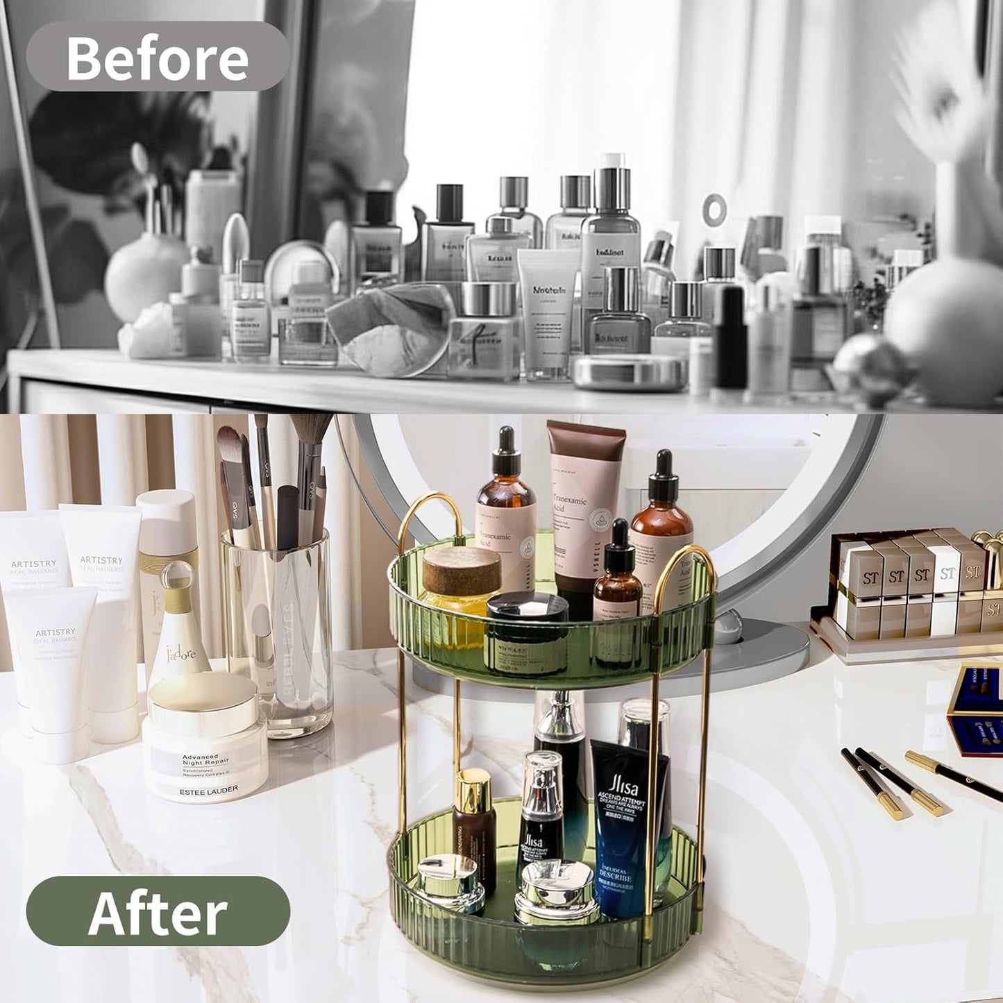 TheBeautyKing Luxe 360 Makeup Organizer, 2 Tier Rotating Vanity Storage